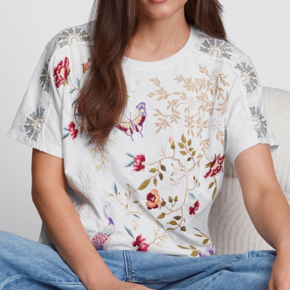 Johnny Was Osaka Embroidered Raw Seam Dolman Tee Shirt